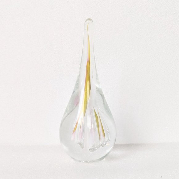 Signed AJ Adam Jablonski Hand Blown Art Glass Teardrop Paperweight Pink Yellow - Picture 3 of 6